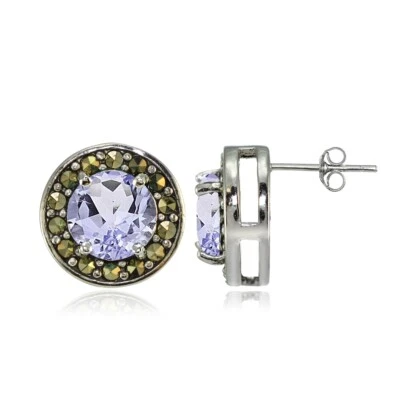 Sterling Silver Amethyst and Marcasite Halo Stud Earrings - Image 1 of 4
