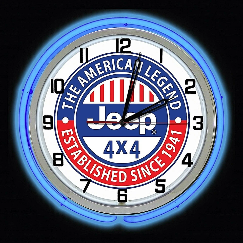 19" JEEP 4X4 The American Legend SINCE 1941 Sign Blue Neon Clock Man Cave Garage - Image 1 of 2