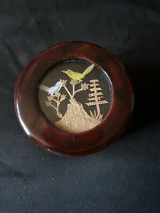 Vintage Oriental Red Lacquered Trinket Box with Carved Cork Scene Inside Lid - Picture 1 of 5