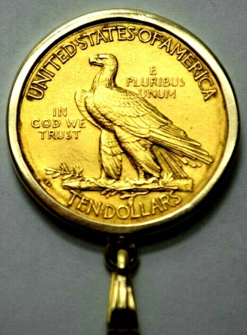 1910 D Indian Head Gold $10 Eagle Liberty Coin in 14k Gold Bezel, Pendant 20.8g Cover