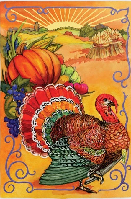 NEW EVERGREEN THANKSGIVING GARDEN FLAG COLORFUL TURKEY & SUNRISE  12.5 x 18 - Image 1 of 1