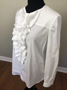 Anne Fontaine FRANCE $495 NWOT FR44 US 12/14 45" Ruffle Blouse LOGO Button White - Foto 1 di 11
