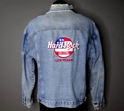 HARD ROCK 拉斯维加斯夹克男式 L 仿旧牛仔卡车司机褪色 Y2K 美国(二手) — 第 1/4 张图片