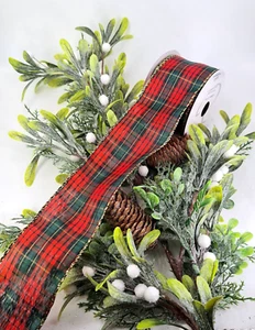 Nastro raso filo tartan rosso e verde mix oro bordo lurex larghezza 63 mm 274 - Foto 1 di 4