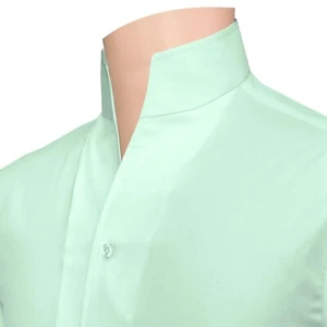Men's Business Dress High Open Buttonless V Neck Collar Mint Green Cotton Shirt - Picture 1 of 13