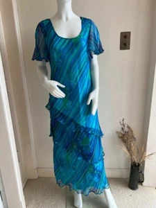 Phool Size 16 MaxiMidi Dress Chiffon Tiered Layered Vintage Stretch Blue Green - Picture 1 of 8