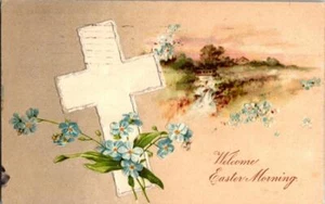 Willkommen Ostern Morgen weißes Kreuz geprägte Blumen Brücke über Fluss Postkarte - Bild 1 von 1