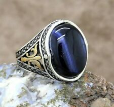 Blue Tiger's Eye Solid 925 Sterling Silver Men's Ring