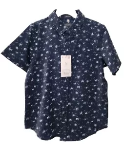 Boys Button Up Short-sleeved Stylish Shirt Sz 7 Navy Blue Pattern - Picture 1 of 5