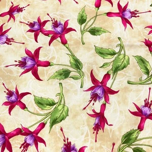 All over Fuchsia printed on Tan, 100% Cotton, 7/8 Yard to sew or quilt - Picture 1 of 4
