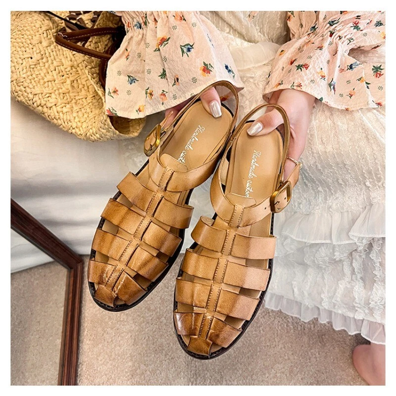 Roman Summer Womens Sandals Leather Hollow Out 4CM Heels Buckle Casual Sandals - Image 1 of 4