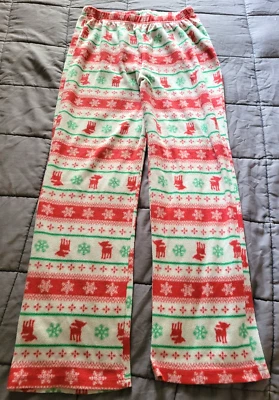 Красный/белый/зеленый Рождество Рудольф олень Nordic флис PJ брюки девочек 10/12 - Изображение 1 из 4