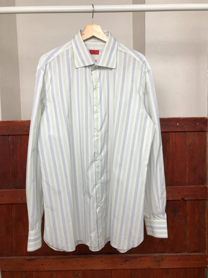 ISAIA Napoli Hombre Camisa Abotonada Vestido Rayas Talla 17/43 Lujo Moda XL  Foto 1 de 4