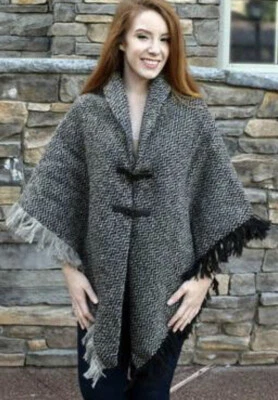 John Branigan Weavers Ireland Poncho Sweater Cape Leather Buckles Herringbone - Image 1 of 4