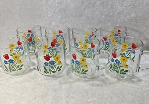 VTG 1970s Luminarc Glass Coffee Cup Mug Flowers Retro Tulips France Set Of 8 - Picture 1 of 10