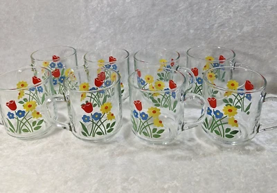 Винтажный 1970-х Luminarc стекла кофе чашка кружка цветы ретро тюльпаны Франции набор из 8 - Изображение 1 из 4