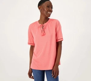 Isaac Mizrahi Live! Elbow Sleeve with Lattice Trim Short Sleeve Tee Bright Coral - Picture 1 of 4