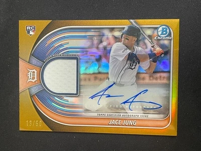 Jace Jung 2025 Topps Bowman Chrome /50 RC Jersey Auto Relic Gold #BCAR-JJU - Image 1 of 2