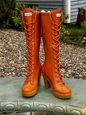 RARE ORANGE Hunter Boots Lapins Women Size US 7 EU 38 Heel Knee High Lace Up - Image 1 of 4