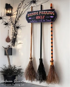 Halloween Decor Broom Parking Sign 3 Wooden Witches Brooms Indoor Outdoor - Picture 1 of 8