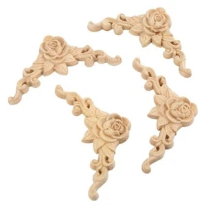 4PCS Rose Floral Applique Carved Corner Onlay Unpainted Oak Wood Decal Decor - Picture 1 of 8