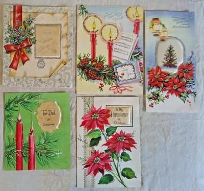 5 x Vintage Christmas Cards Padded Poinsettia Red Flower Husband Wife Dad Tree - Image 1 of 4
