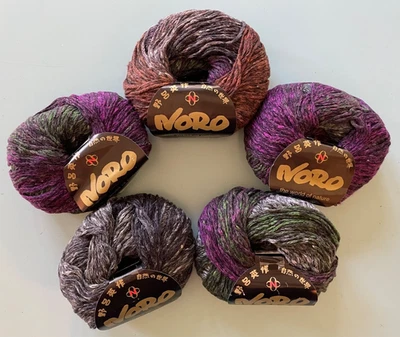 Lote de 5 /Fios de Mistura de Lã de Algodão Noro MATSURI - #1 Cinza, Roxo e Verde - Imagem 1 de 3