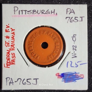 Rare Federal St. & P.V. Pass Railways Token. Pittsburgh PA765J. Our B2227 - Picture 1 of 4