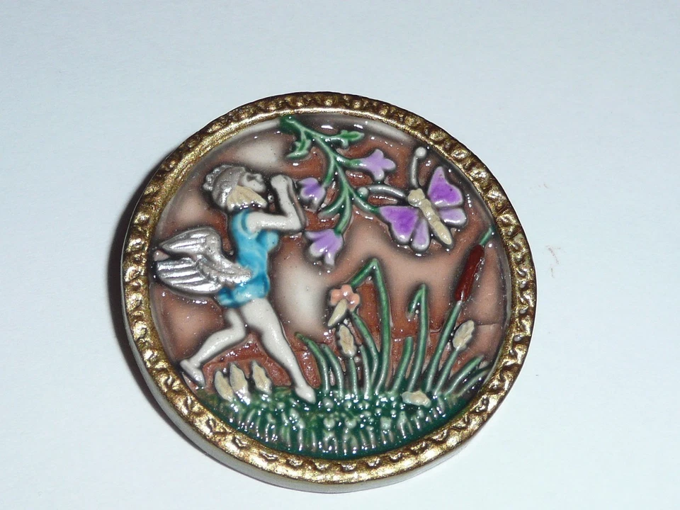 Beautiful Art Stone Ariel Fairy Large Shank Button 1-1/2" Butterfly Flowers - Image 1 of 4