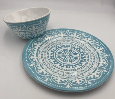Melamine 10.5” Plate & 6” Bowl Set Turquoise White Heavyweight New - Image 1 of 4
