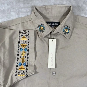 Reason Shirt Mens Large Embroidery Khaki Short Sleeve - Picture 1 of 8