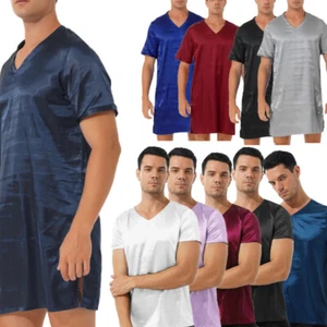 UK Mens Satin Nightgown V Neck Short Sleeve Sleepwear Sides Split Nightwear - Picture 1 of 79