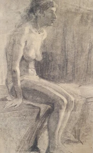 Antique impressionist pencil painting nude woman portrait - Picture 1 of 12