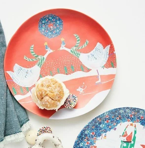 Nuevo plato de Navidad Anthropologie Jolly Yule cisnes rojo vacaciones de Navidad nuevo en paquete - Imagen 1 de 3