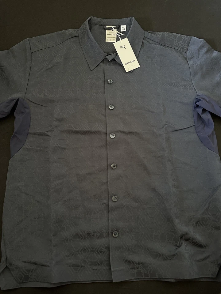 Puma X Dapper Dan Short Sleeve Button Down Navy Shirt Men Size M 53980506