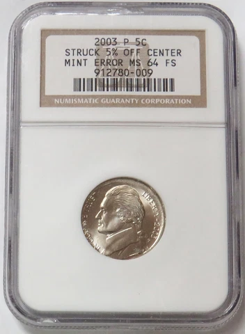 2003 P US JEFFERSON NICKEL STRUCK 5% OFF CENTER MINT ERROR COIN NGC MS 64 FS Cover