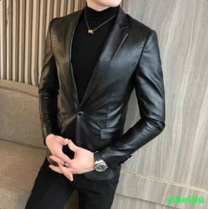 Snakeskin Alligator Crocodile Pattern Men's Leather Coats Slim Blazers Jackets - Picture 1 of 16