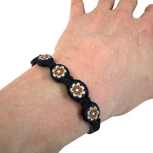 Black Cotton Bracelet Floral Flower Beads Wristband Bangle Mens Womens Jewellery - Picture 1 of 3