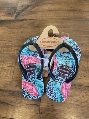 Chanclas Havaianas niños pequeños talla 9 hojas de palma leopardo azul negro nuevas con etiquetas Foto 1 de 4