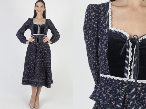 VALENTINO Abito Vintage Gunne Sax Peplum Calico Corsetto Sweetheart Cottagecore Midi Taglia 7