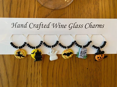 "HALLOWEEN" SPOOKY SET OF 6  HAND CRAFTED WINE GLASS CHARMS - Image 1 of 4