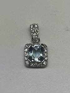Art Deco Style ri (c) 14K White Gold Petite Natural Aquamarine Diamond Pendant - Picture 1 of 6