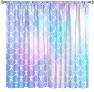 Mermaid Curtains, Cartoon Watercolor Pastel Sea Animal Mermaid Princess Scale... - Picture 1 of 8