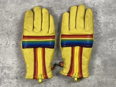 Vintage 70s Kombi Leather Ski Gloves Women's Size M Yellow Rainbow Japan RARE - Image 1 of 4