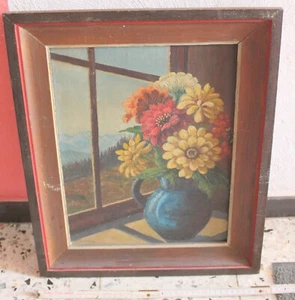 öl bild alt still leben blumen vase fenster berge datiert 1946 signiert top deko - Picture 1 of 18
