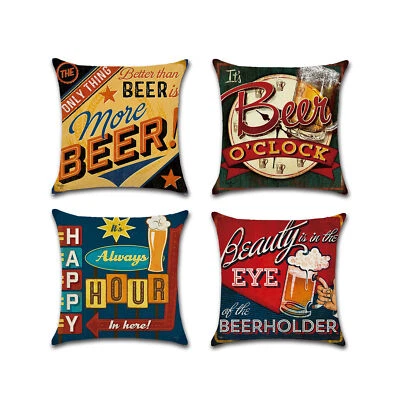 Set of 4 Pillow Covers 18x18, Man Cave Happy Hour Bar Décor Linen Fabric 45x45cm - Изображение 1 из 4