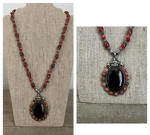 Coral And Carnelian Beaded Statement Pendant Necklace Set In Silver Tone Metal - Picture 1 of 8