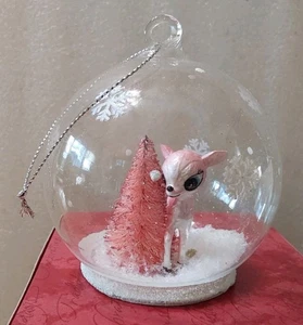 Robert Stanley Pink Big Eye Reindeer Brush Tree Snow Globe Glass 4'' Retro Vtg - Picture 1 of 6