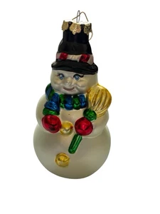 Blown Glass Snowman Christmas Ornament Top Hat Scarf Broom Holiday 5” - Picture 1 of 7