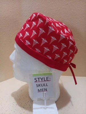 Caduceus Red Men's Skull/Chemo Surgical Scrub Hat/Cap Handmade - Image 1 of 4